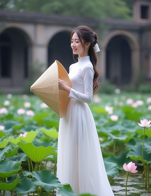 A smiling Vietnamese woman wearing a graceful white Áo Dài holds a Nón Lá (conical hat) while standing serenely in a pond filled with pink lotus flowers.