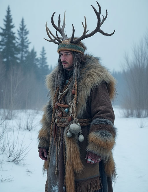 A Yakut shaman in a heavy fur coat and an elaborate deer antler headdress stands in a snowy Siberian forest.