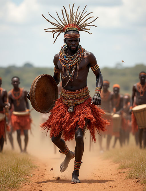 A Zulu warrior in full ceremonial attire, including a feather headdress, beaded necklaces, and a grass skirt, dances on a dirt path while holding a shield, with other warriors and drummers in the background.