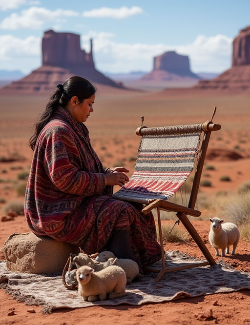 A Navajo woman weaves a traditional rug on an upright loom, with several lambs at her feet and the iconic buttes of Monument Valley in the background.