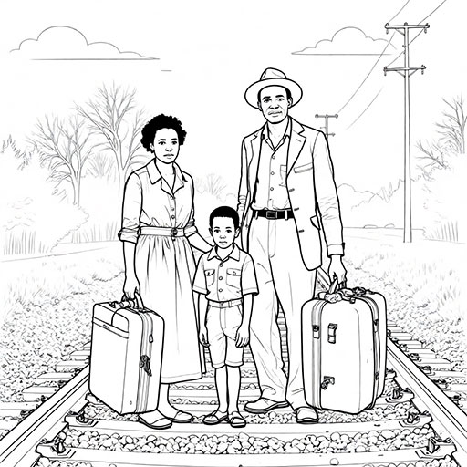 A black and white line art coloring page showing an African American family with luggage standing on railroad tracks during the Great Migration.