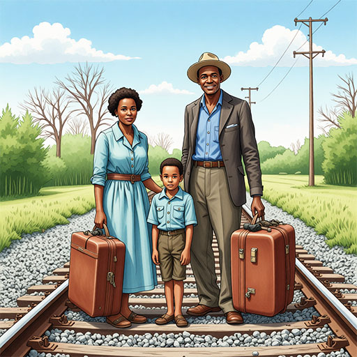 A colored illustration of an African American family with luggage standing hopefully on railroad tracks, symbolizing their journey during the Great Migration.