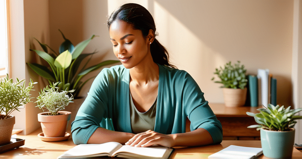Woman practicing mindful breathing at her desk during a 5-minute mindfulness exercise